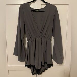 Gray Audrey romper with black lace trim